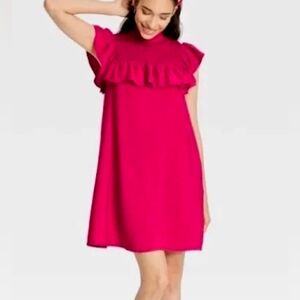 A New Day Pink Ruffle Dress XXL Smocked Neck Flutter Sleeve Shift Mini